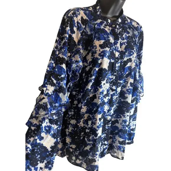 Lauren Ralph Lauren Womens Blue Floral Ruffle Blouse Button Front Size Large - Picture 3 of 10